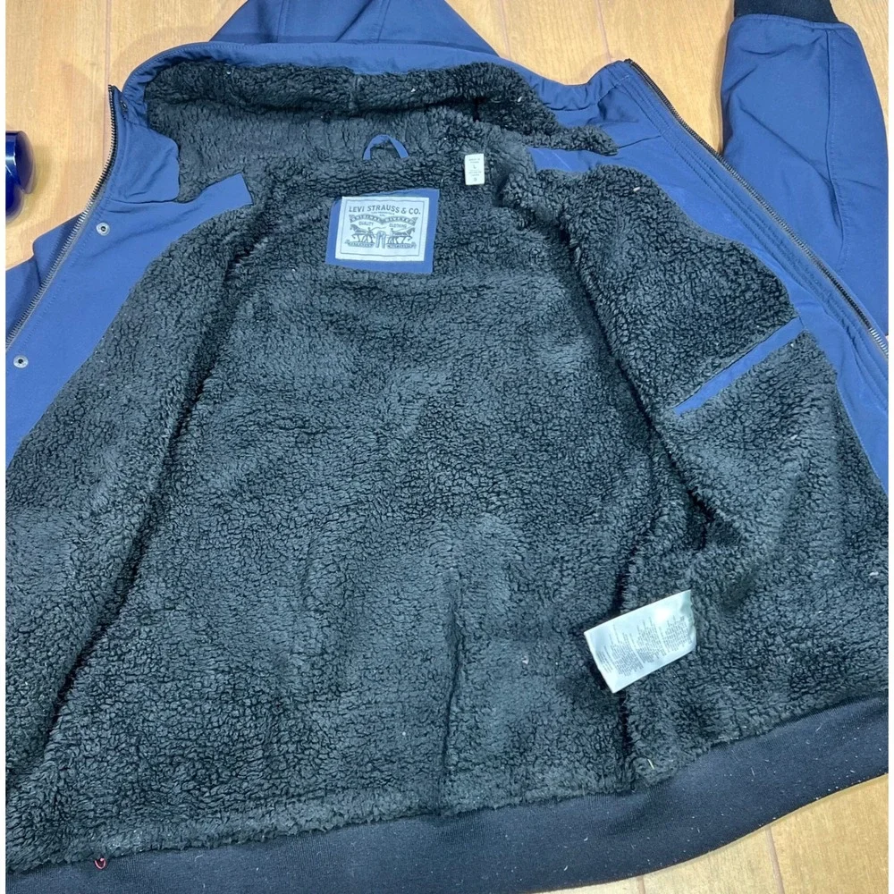 Levi Strauss Mens Navy Blue‎ Sherpa Lined Hooded Softshell Bomber Jacket L